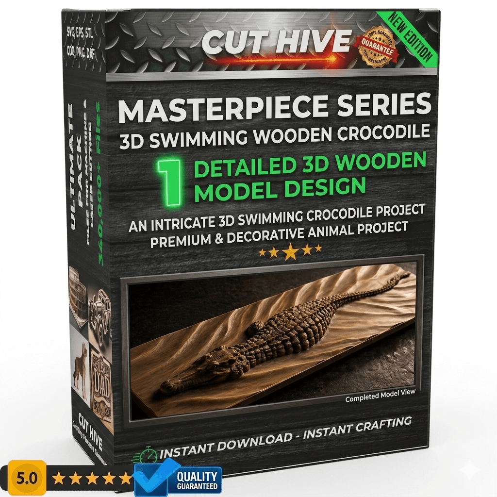 Cut Hive Masterpiece Series - Swimming Wooden Crocodile 3D Wood Carving Wall Art CNC & Router Design - Cut Hive