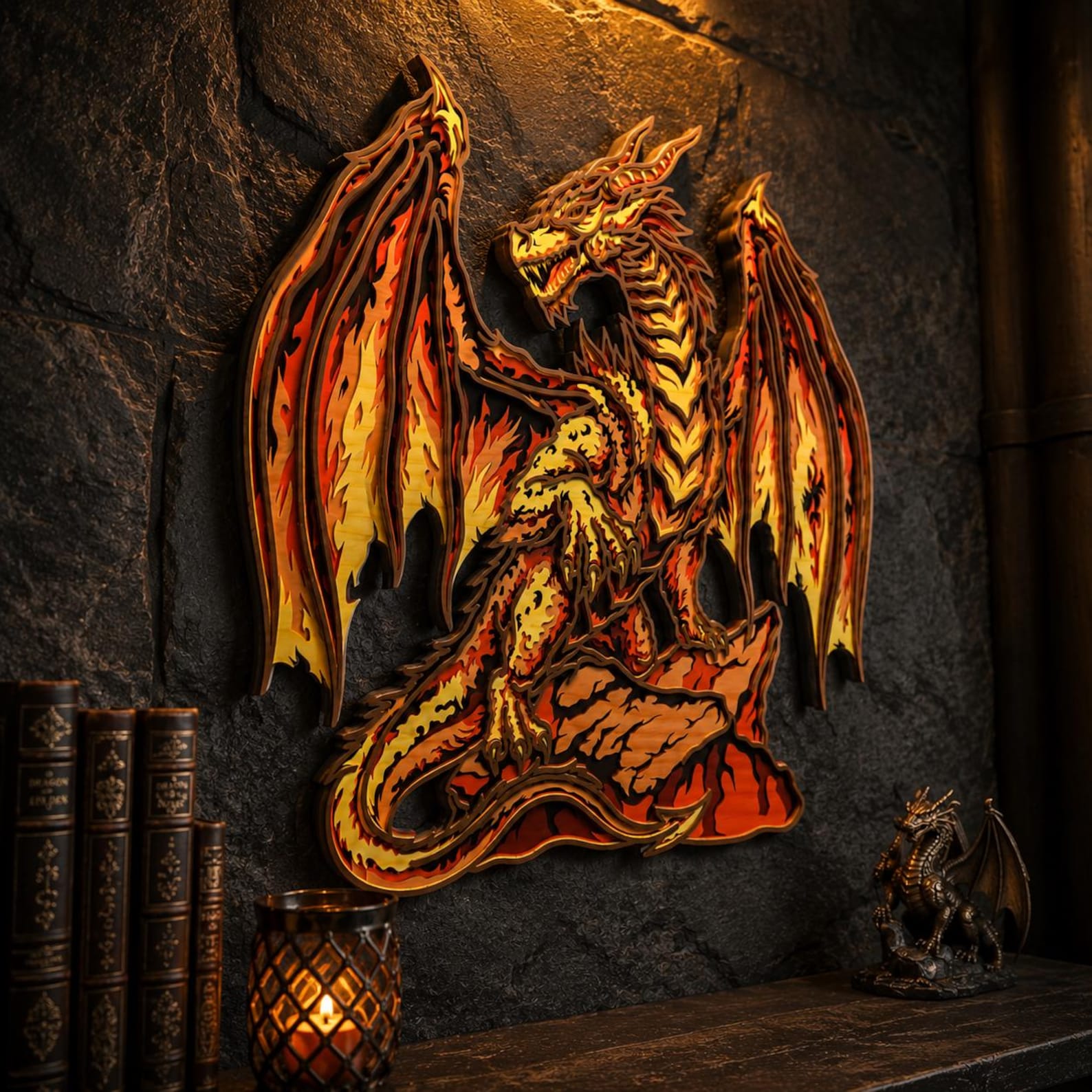 Cut Hive Masterpieces - Fire Dragon Multi - Layered Wall Art, Fantasy Laser Cut Wood Decor - Cut Hive