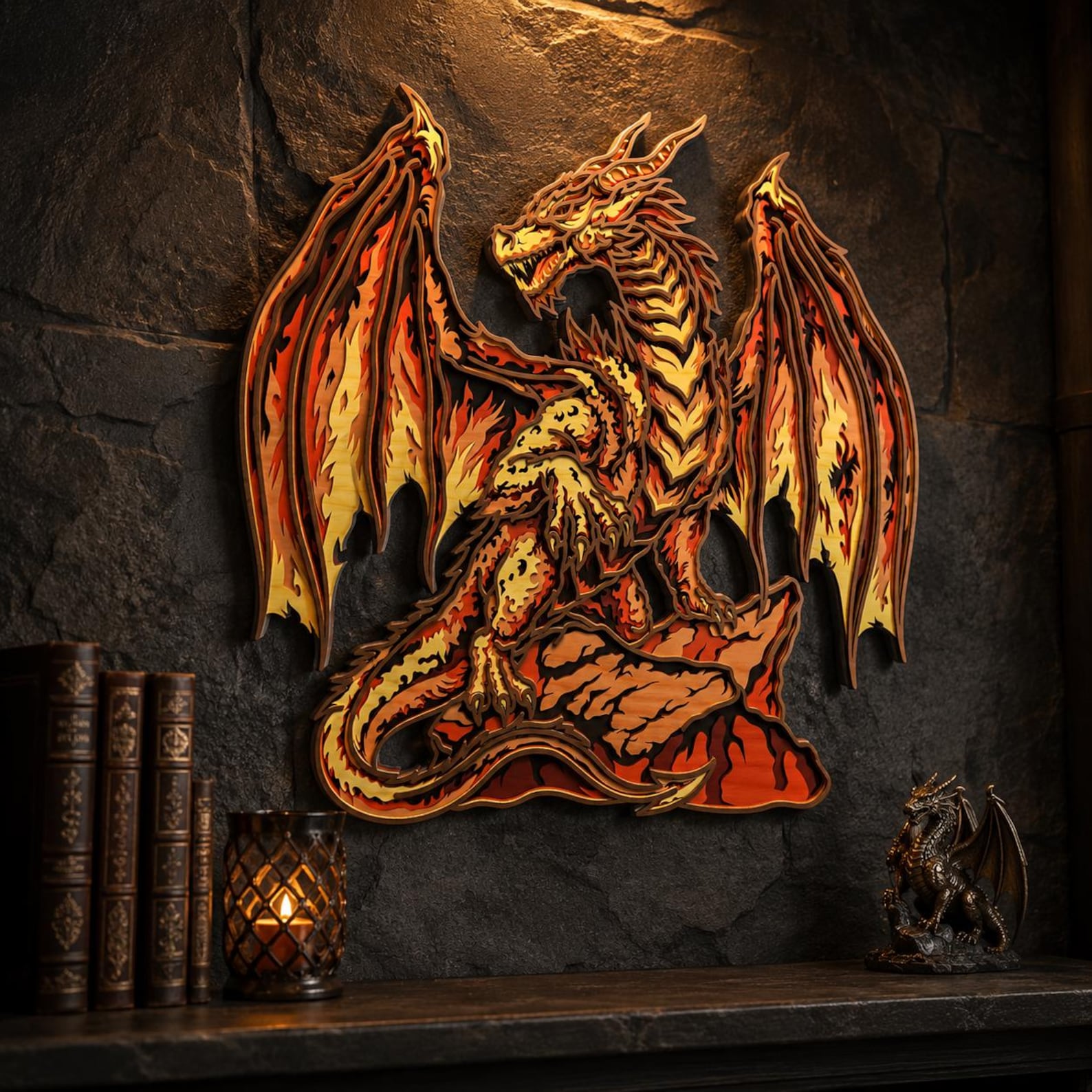 Cut Hive Masterpieces - Fire Dragon Multi - Layered Wall Art, Fantasy Laser Cut Wood Decor - Cut Hive