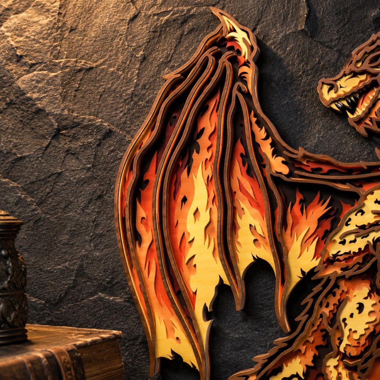 Cut Hive Masterpieces - Fire Dragon Multi - Layered Wall Art, Fantasy Laser Cut Wood Decor - Cut Hive