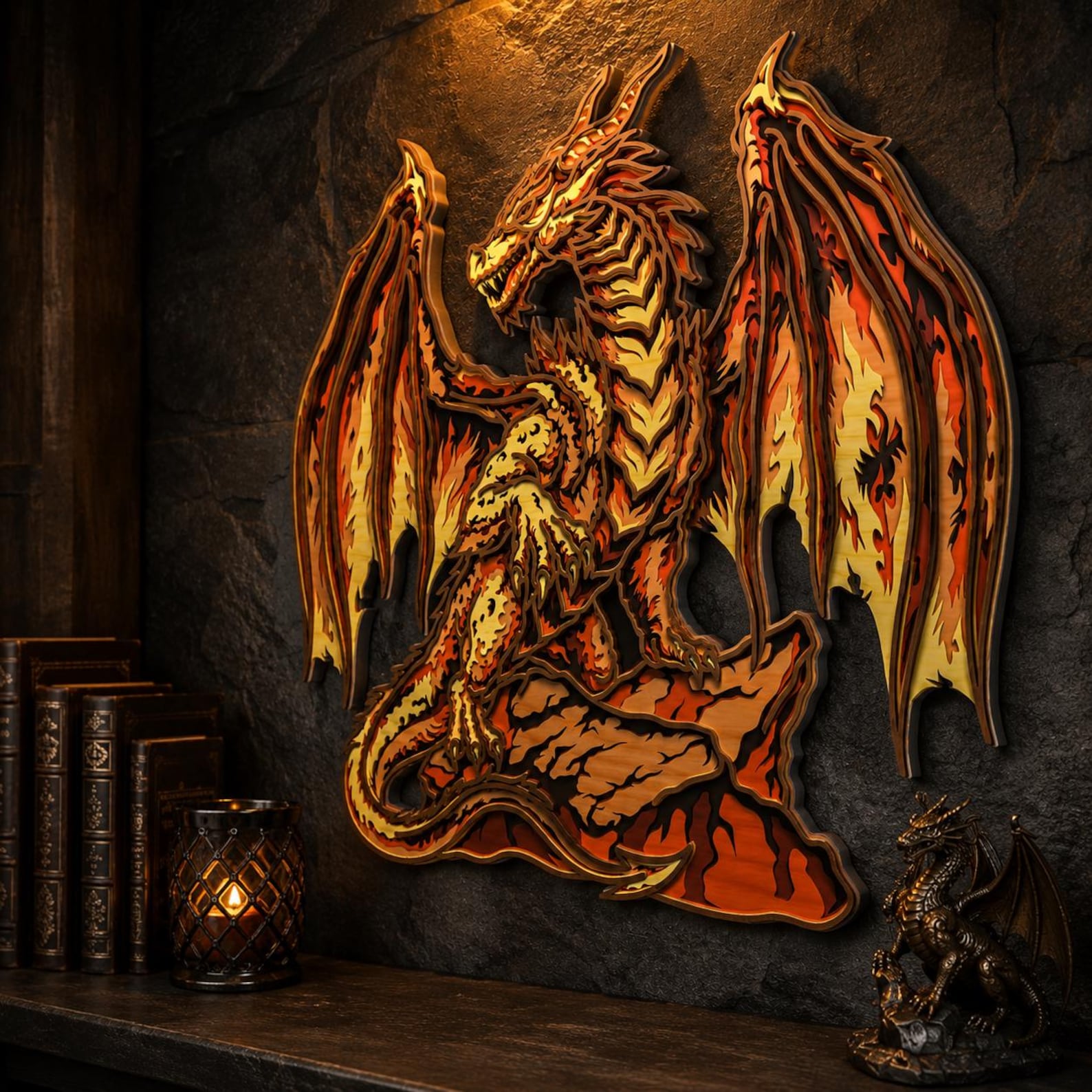 Cut Hive Masterpieces - Fire Dragon Multi - Layered Wall Art, Fantasy Laser Cut Wood Decor - Cut Hive