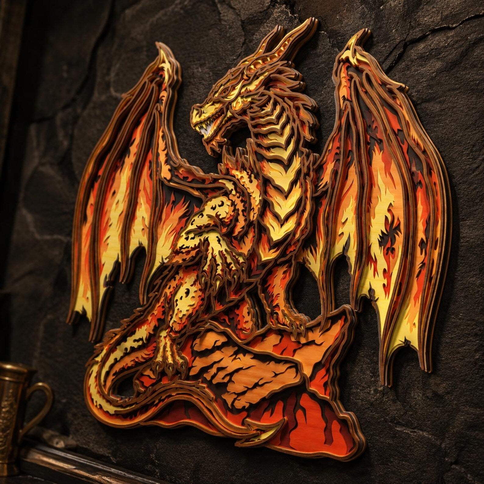 Cut Hive Masterpieces - Fire Dragon Multi - Layered Wall Art, Fantasy Laser Cut Wood Decor - Cut Hive