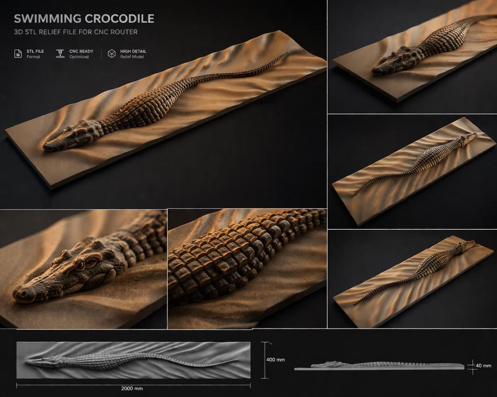 Cut Hive Masterpiece Series - Swimming Wooden Crocodile 3D Wood Carving Wall Art CNC & Router Design