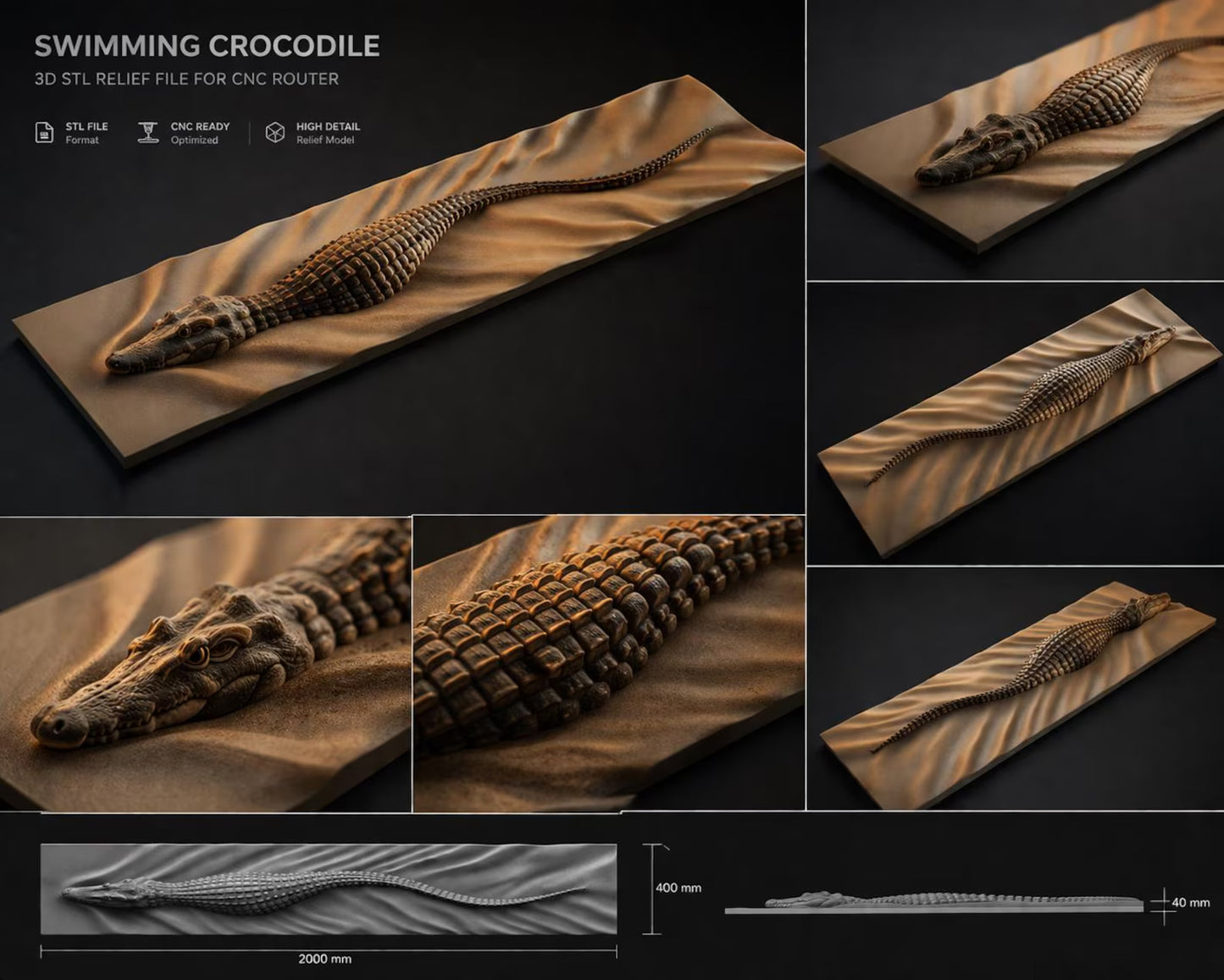 Cut Hive Masterpiece Series - Swimming Wooden Crocodile 3D Wood Carving Wall Art CNC & Router Design