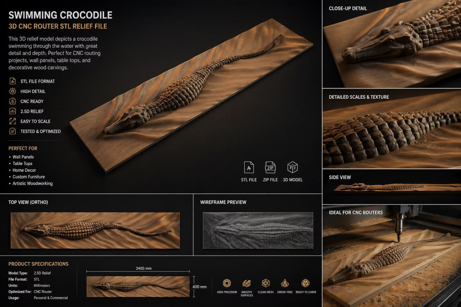 Cut Hive Masterpiece Series - Swimming Wooden Crocodile 3D Wood Carving Wall Art CNC & Router Design
