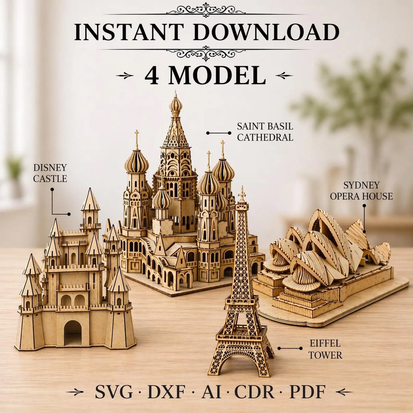 Cut Hive Masterpieces - 4 Landmarks Laser Cut 3D Bundle (Eiffel Tower, Sydney Opera, Disney Castle, Saint Basil’s)