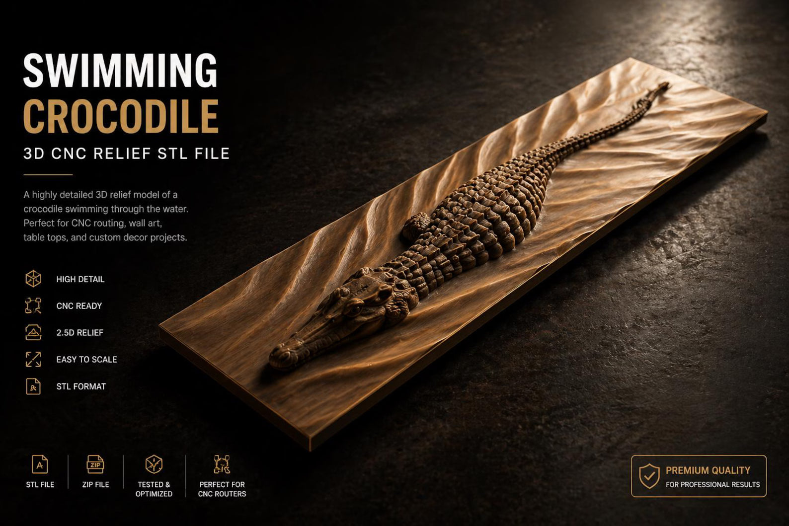 Cut Hive Masterpiece Series - Swimming Wooden Crocodile 3D Wood Carving Wall Art CNC & Router Design