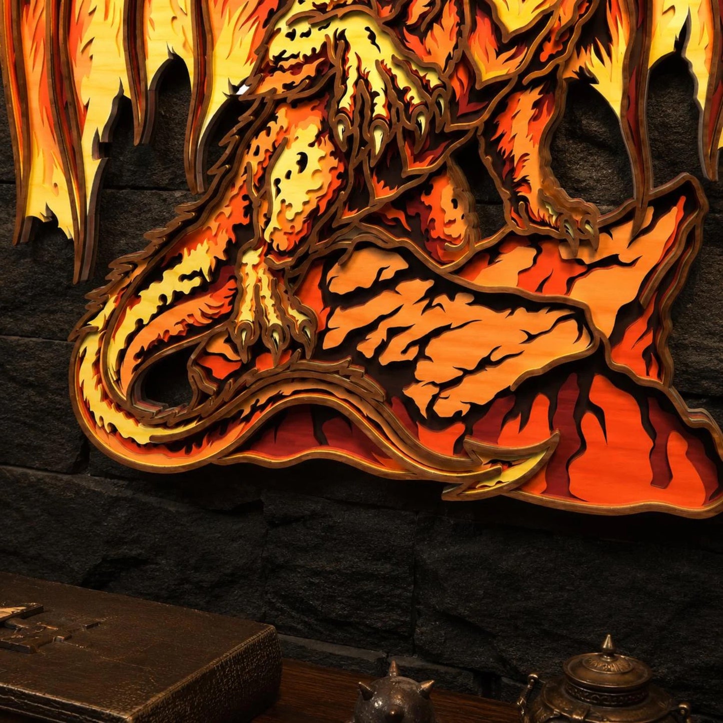 Cut Hive Masterpieces - Fire Dragon Multi-Layered Wall Art, Fantasy Laser Cut Wood Decor