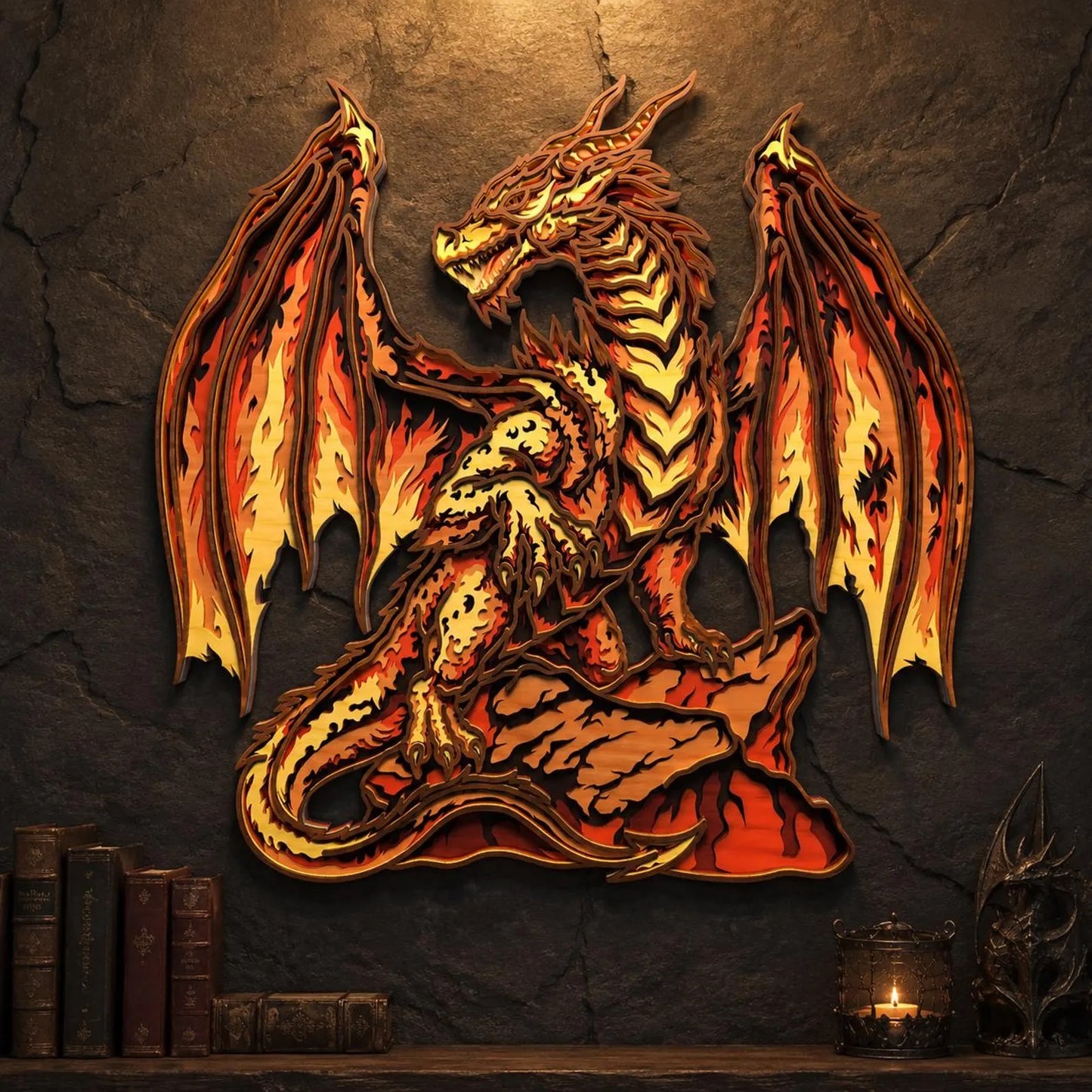 Cut Hive Masterpieces - Fire Dragon Multi-Layered Wall Art, Fantasy Laser Cut Wood Decor