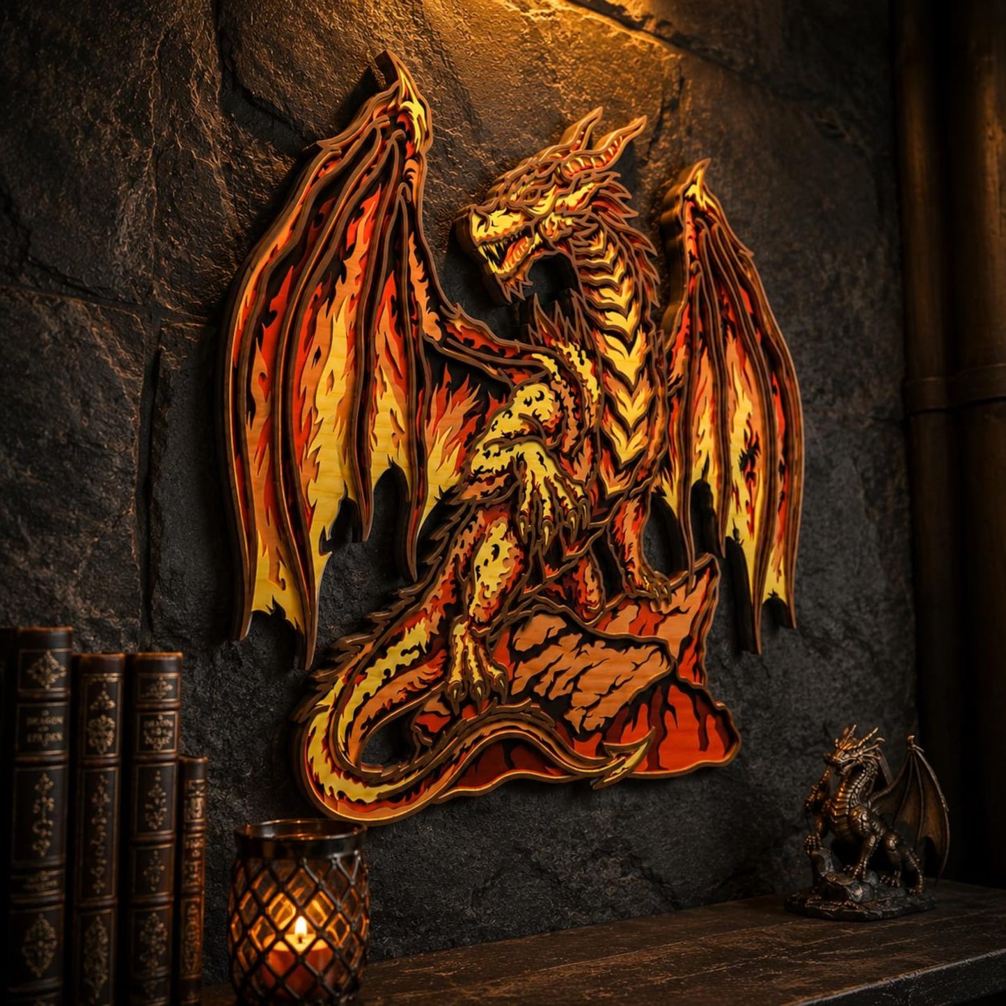 Cut Hive Masterpieces - Fire Dragon Multi-Layered Wall Art, Fantasy Laser Cut Wood Decor