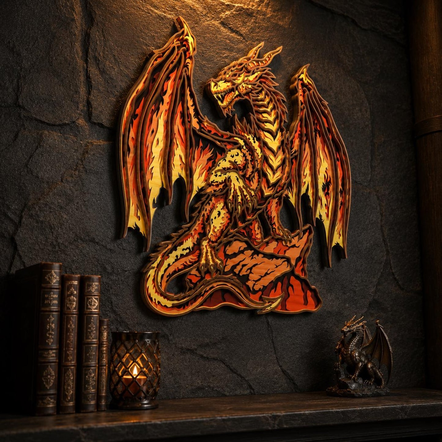 Cut Hive Masterpieces - Fire Dragon Multi-Layered Wall Art, Fantasy Laser Cut Wood Decor