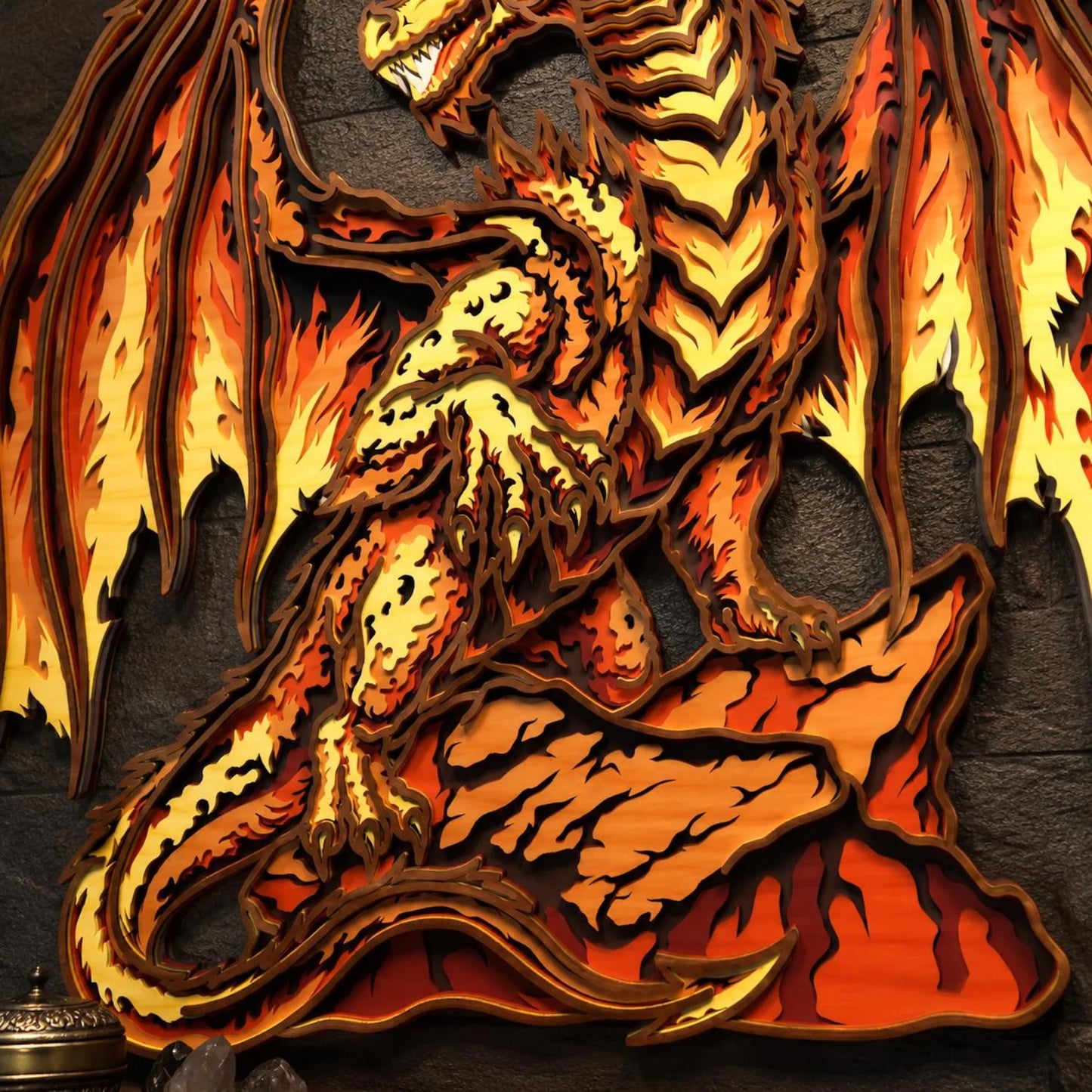 Cut Hive Masterpieces - Fire Dragon Multi-Layered Wall Art, Fantasy Laser Cut Wood Decor