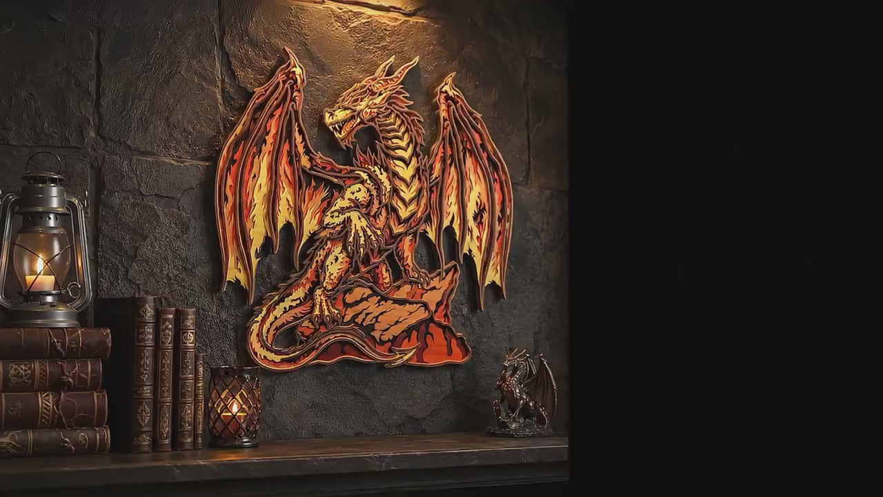 Cut Hive Masterpieces - Fire Dragon Multi-Layered Wall Art, Fantasy Laser Cut Wood Decor